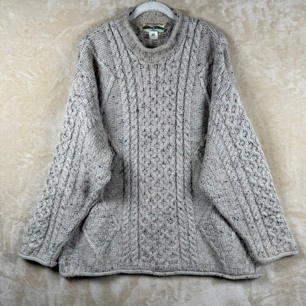 Celtic Country Irish Wool Aran Cable Knit Sweater Beige Donegal Mens L Fisherman
